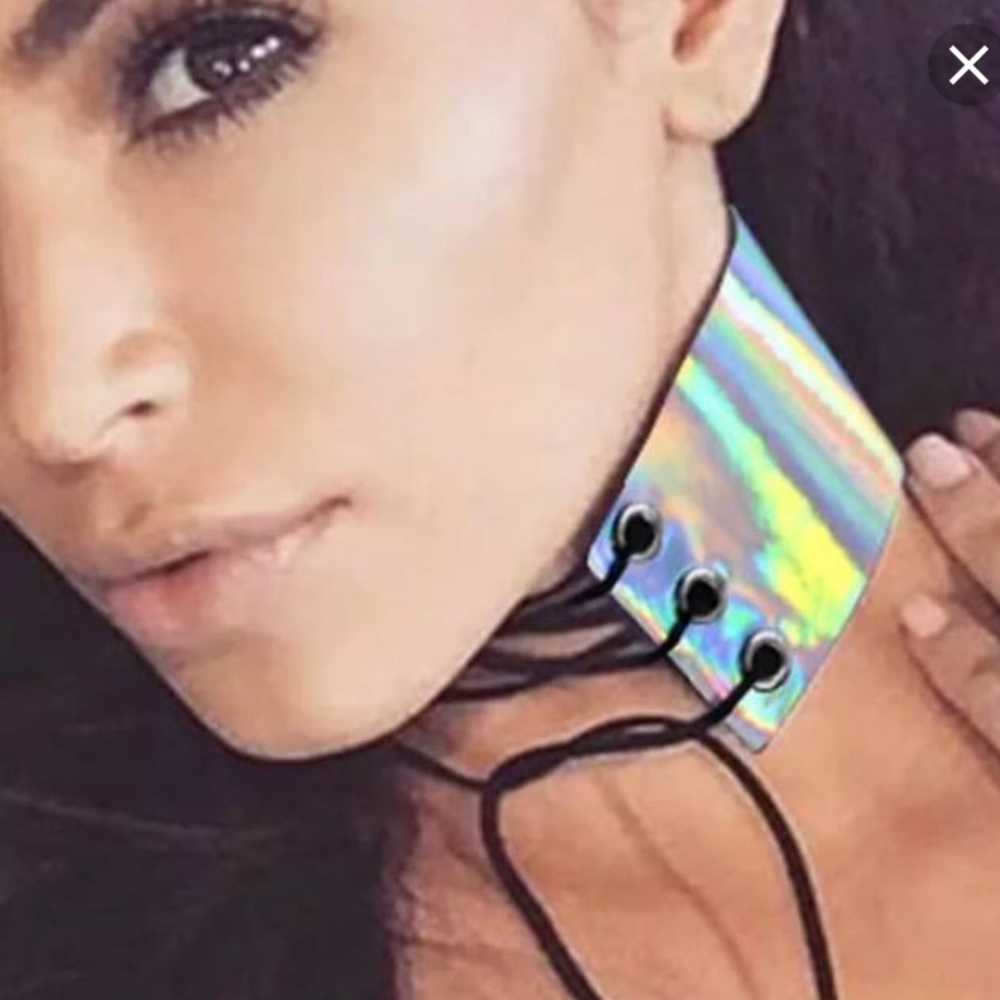Holographic lace up choker